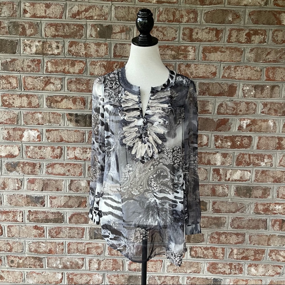 V Cristina Chiffon Mesh Ruffle Frayed Edge V Neck Long Sleeve Top Sz M